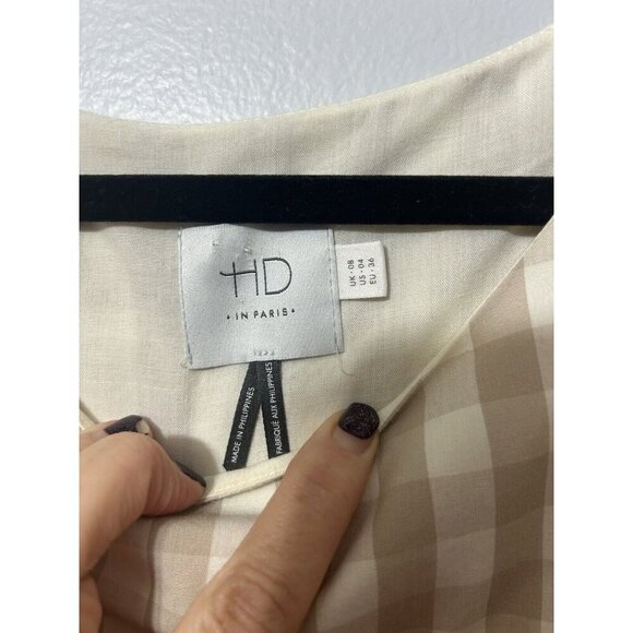 Anthropologie HD in Paris Gingham Print Short Sleeve Belted Dress in Tan Size 4 - Picture 4 of 7